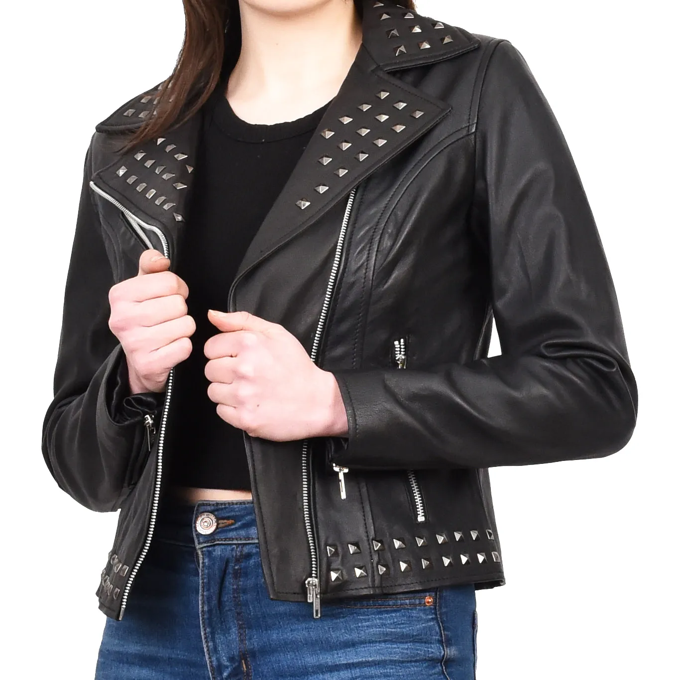 Women's Genuine Leather Studded Biker Jacket Short Fitted Hilla Black