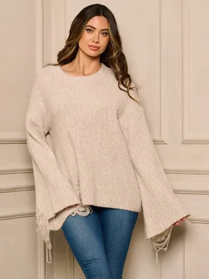 WOMEN'S LONG BELL SLEEVE DISTRESS DETAILED SWEATER