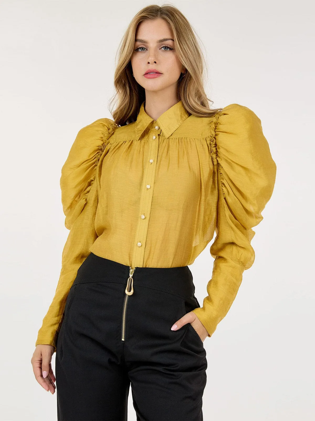 WOMEN'S LONG PUFF SLEEVE BUTTON CLOSURE DETAILED BLOUSE