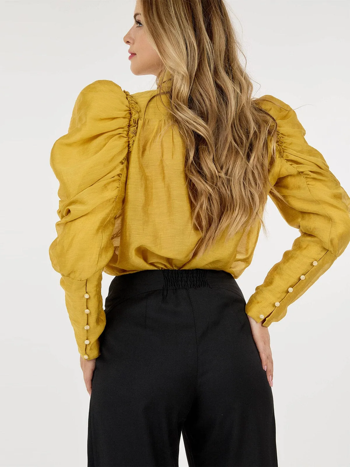 WOMEN'S LONG PUFF SLEEVE BUTTON CLOSURE DETAILED BLOUSE
