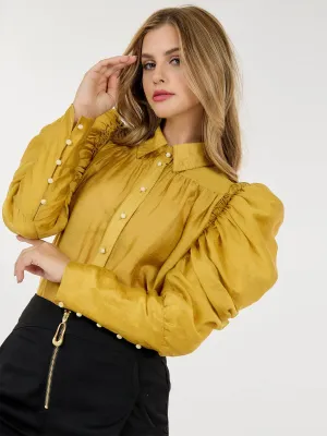 WOMEN'S LONG PUFF SLEEVE BUTTON CLOSURE DETAILED BLOUSE