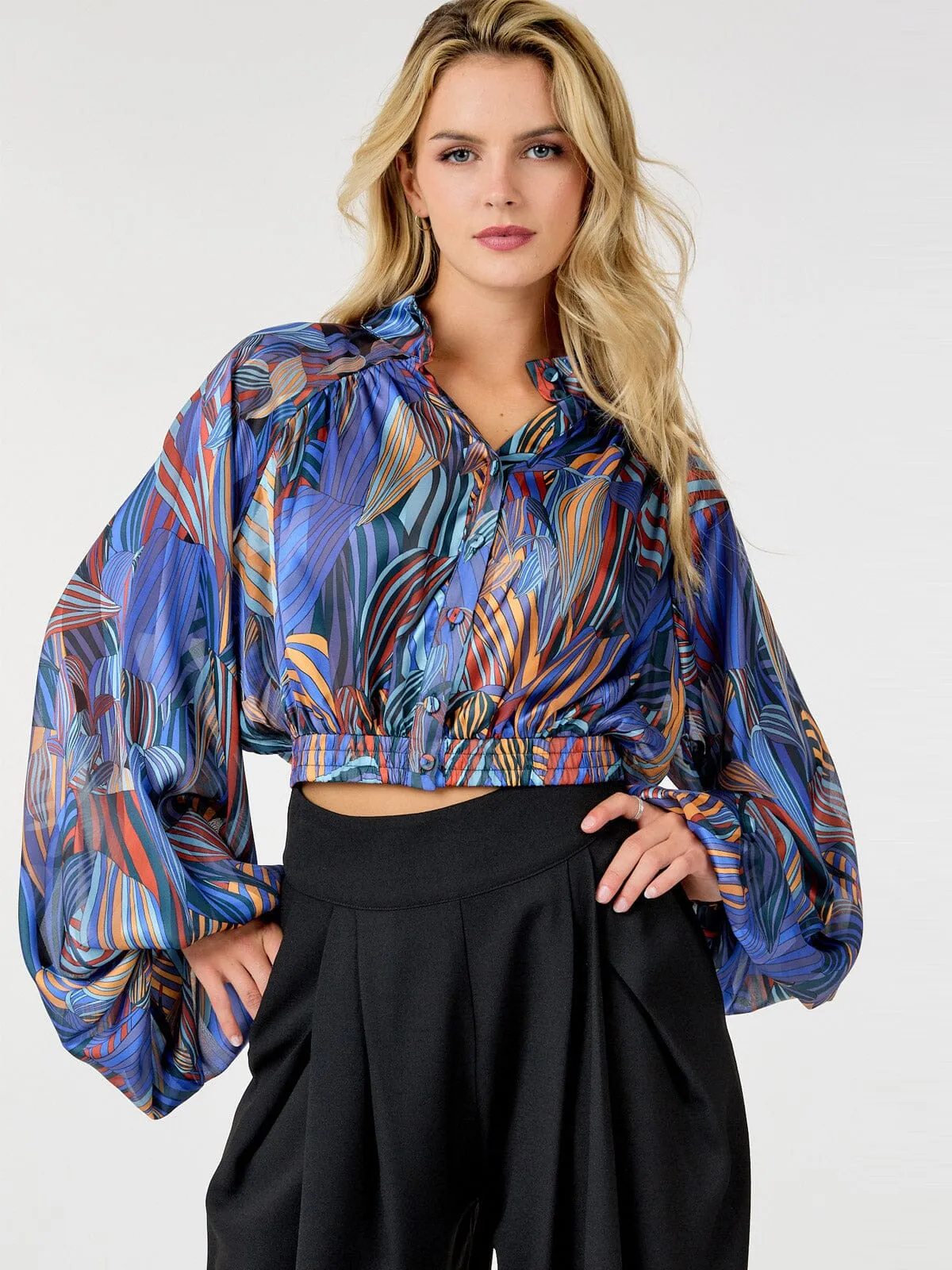 WOMEN'S LONG PUFF SLEEVE BUTTON UP MULTI PRINT BLOUSE