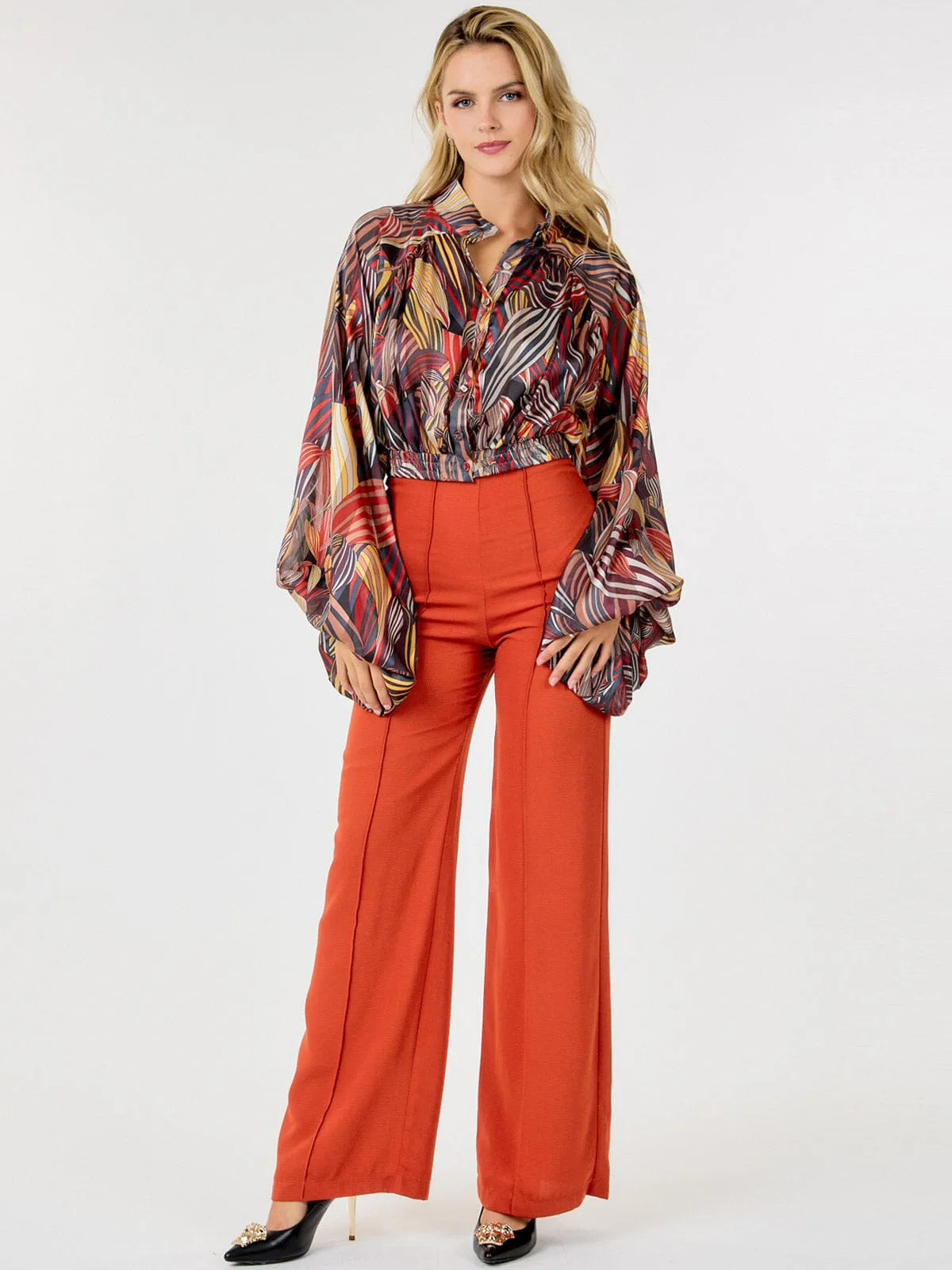 WOMEN'S LONG PUFF SLEEVE BUTTON UP MULTI PRINT BLOUSE