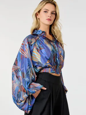 WOMEN'S LONG PUFF SLEEVE BUTTON UP MULTI PRINT BLOUSE