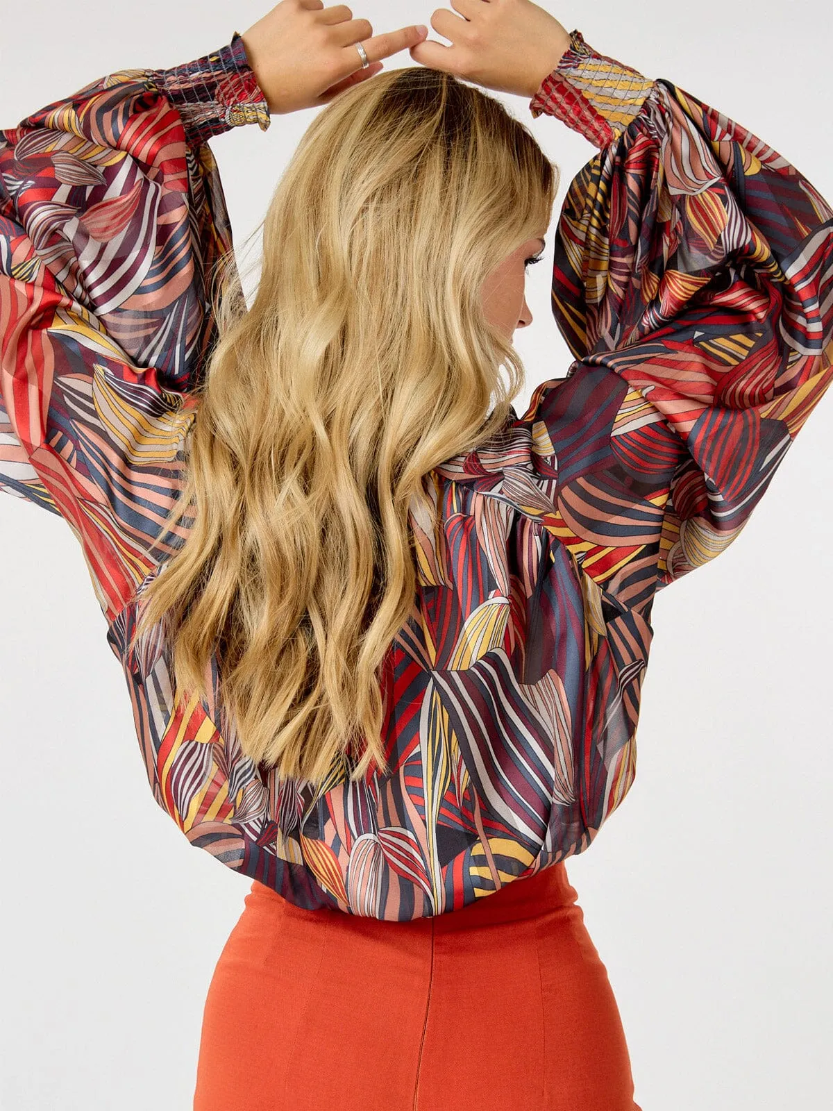 WOMEN'S LONG PUFF SLEEVE BUTTON UP MULTI PRINT BLOUSE