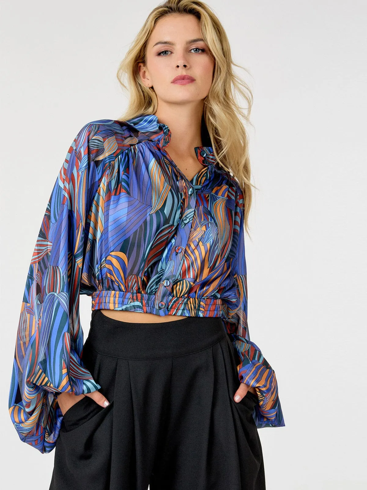 WOMEN'S LONG PUFF SLEEVE BUTTON UP MULTI PRINT BLOUSE