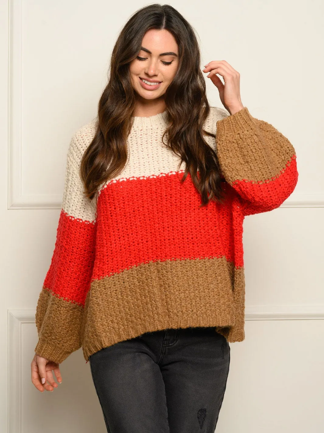 WOMEN'S LONG PUFF SLEEVE COLOR BLOCK SWEATER