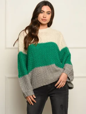 WOMEN'S LONG PUFF SLEEVE COLOR BLOCK SWEATER