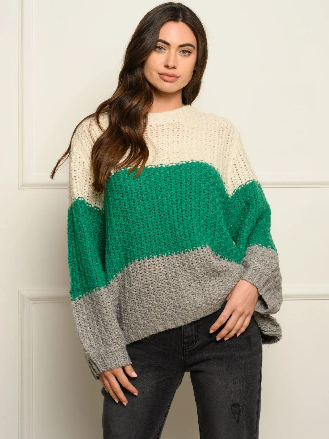 WOMEN'S LONG PUFF SLEEVE COLOR BLOCK SWEATER