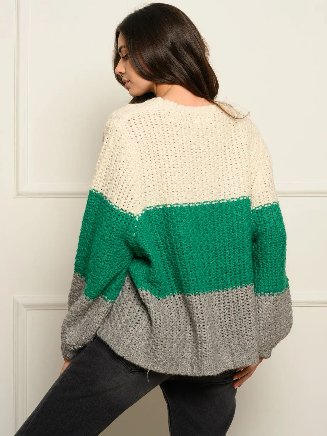 WOMEN'S LONG PUFF SLEEVE COLOR BLOCK SWEATER