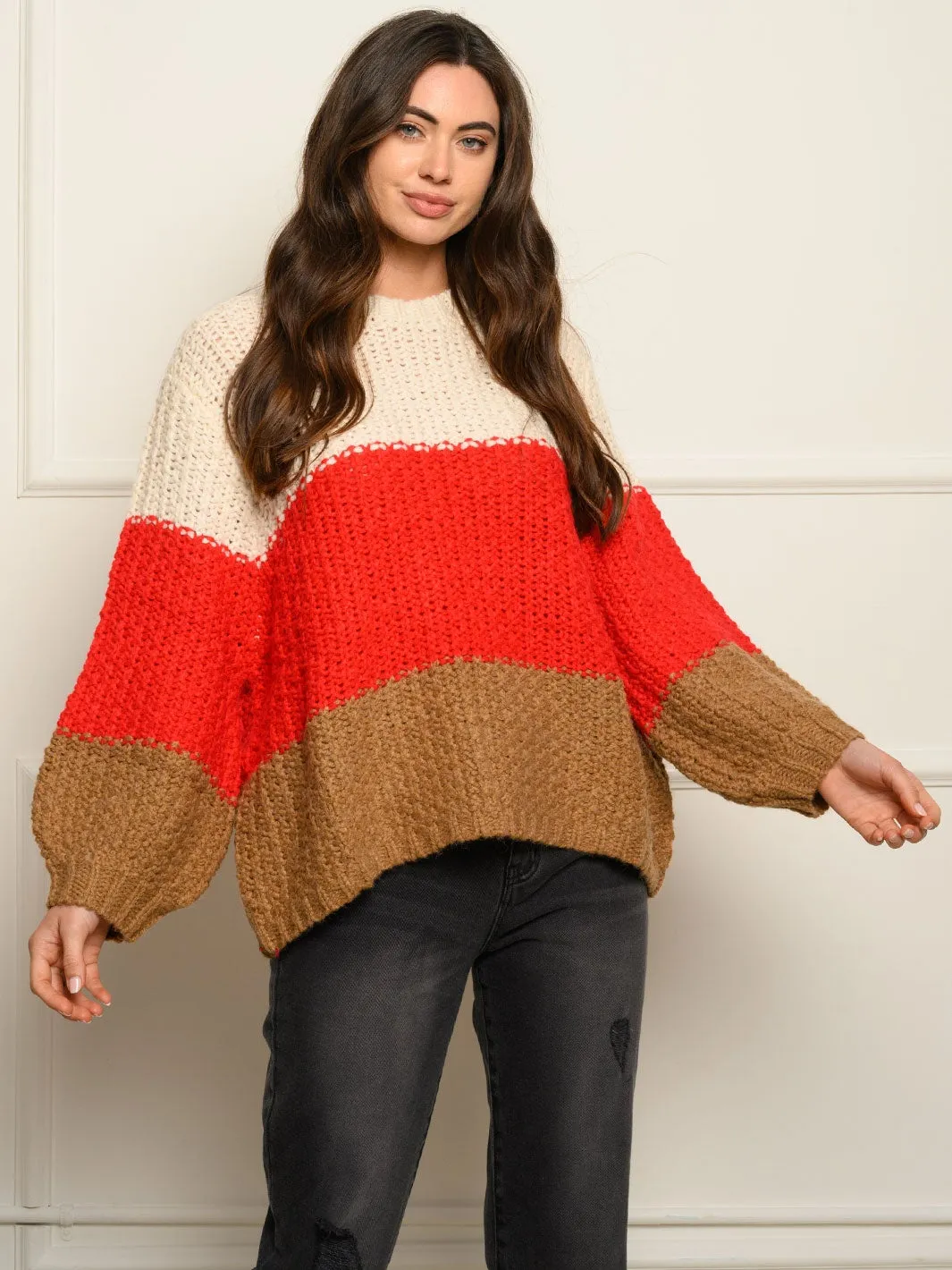 WOMEN'S LONG PUFF SLEEVE COLOR BLOCK SWEATER