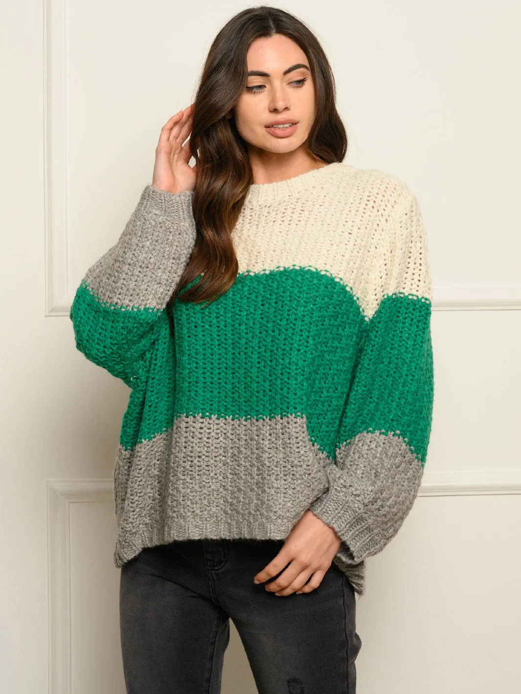 WOMEN'S LONG PUFF SLEEVE COLOR BLOCK SWEATER