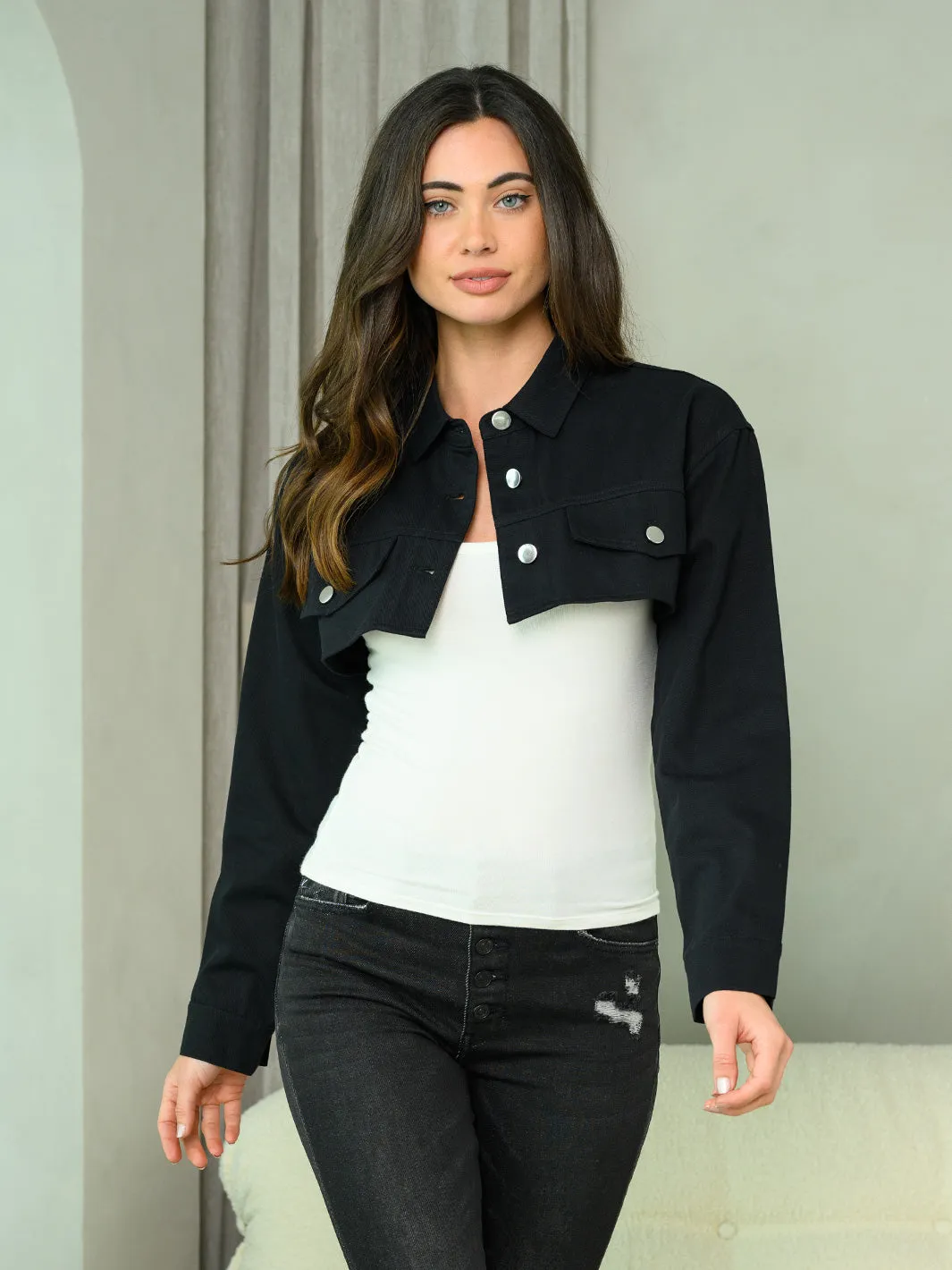 WOMEN'S LONG SLEEVE BUTTON UP COLLAR CROP JACKET