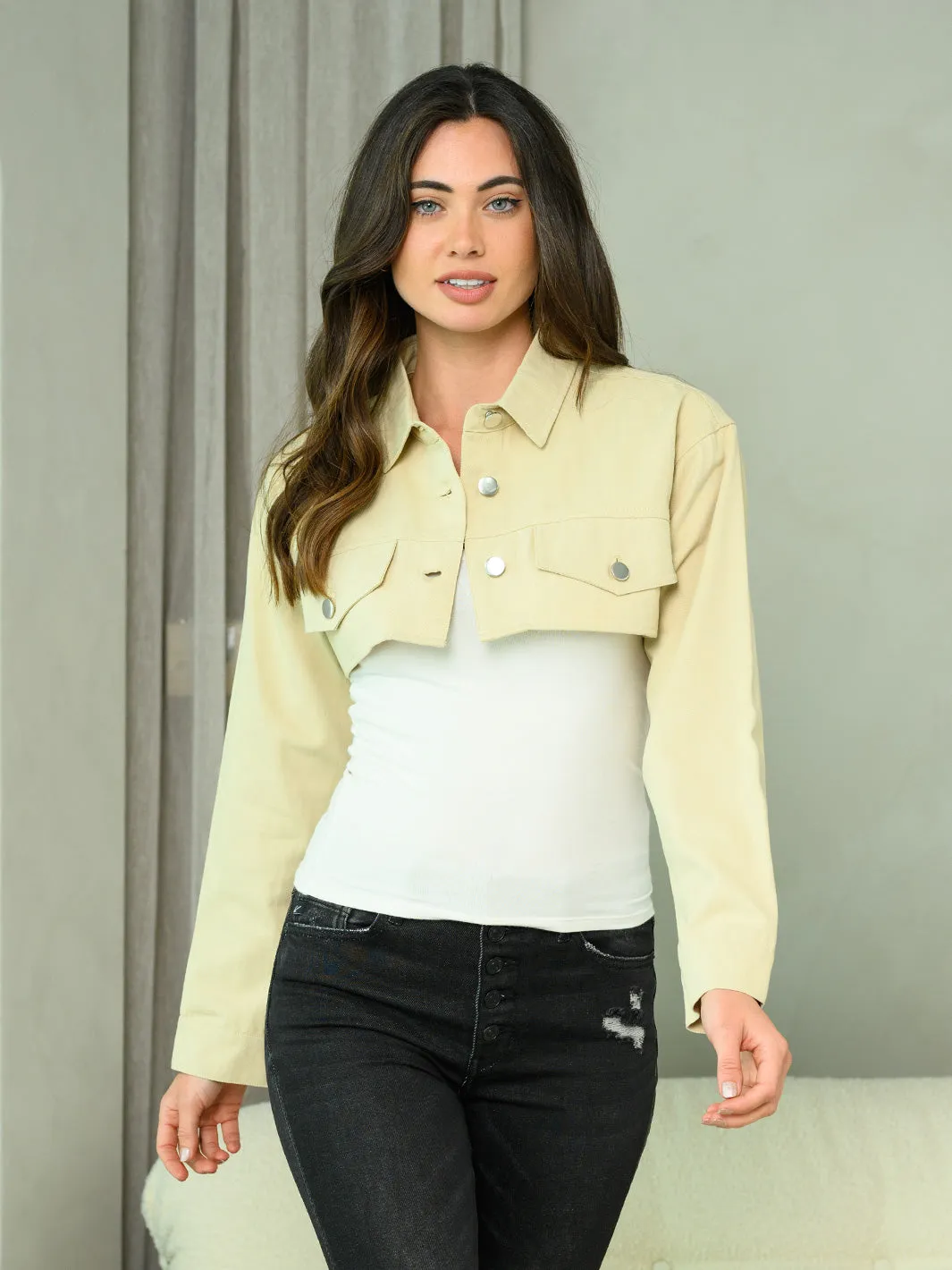 WOMEN'S LONG SLEEVE BUTTON UP COLLAR CROP JACKET
