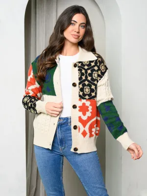 WOMEN'S LONG SLEEVE BUTTON UP COLORBLOCK SWEATER
