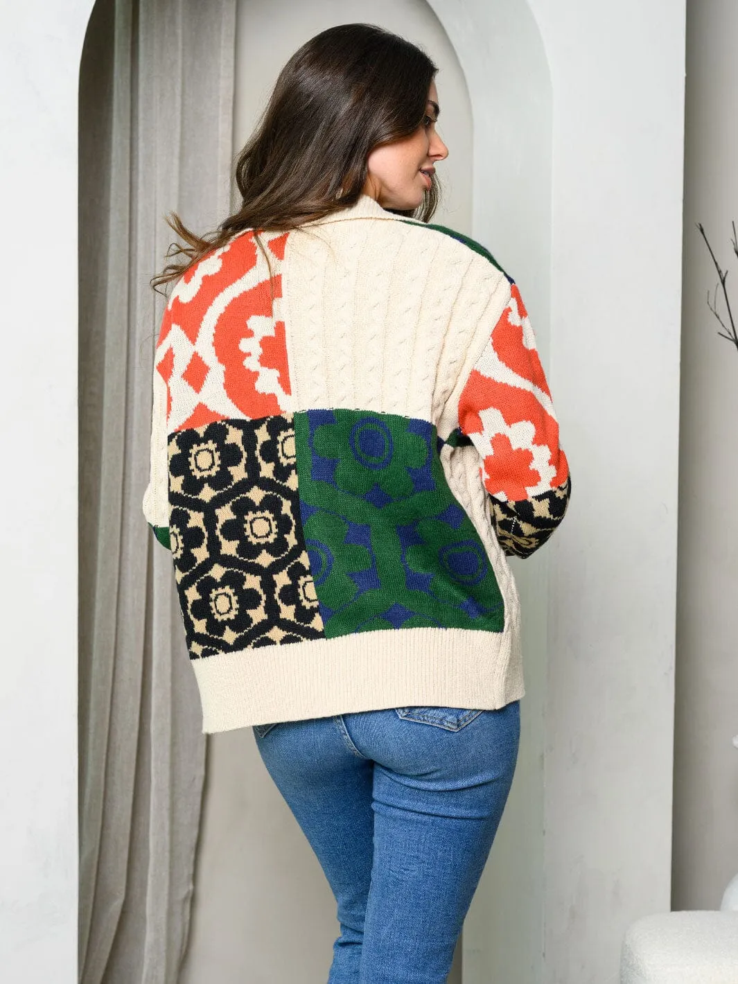 WOMEN'S LONG SLEEVE BUTTON UP COLORBLOCK SWEATER