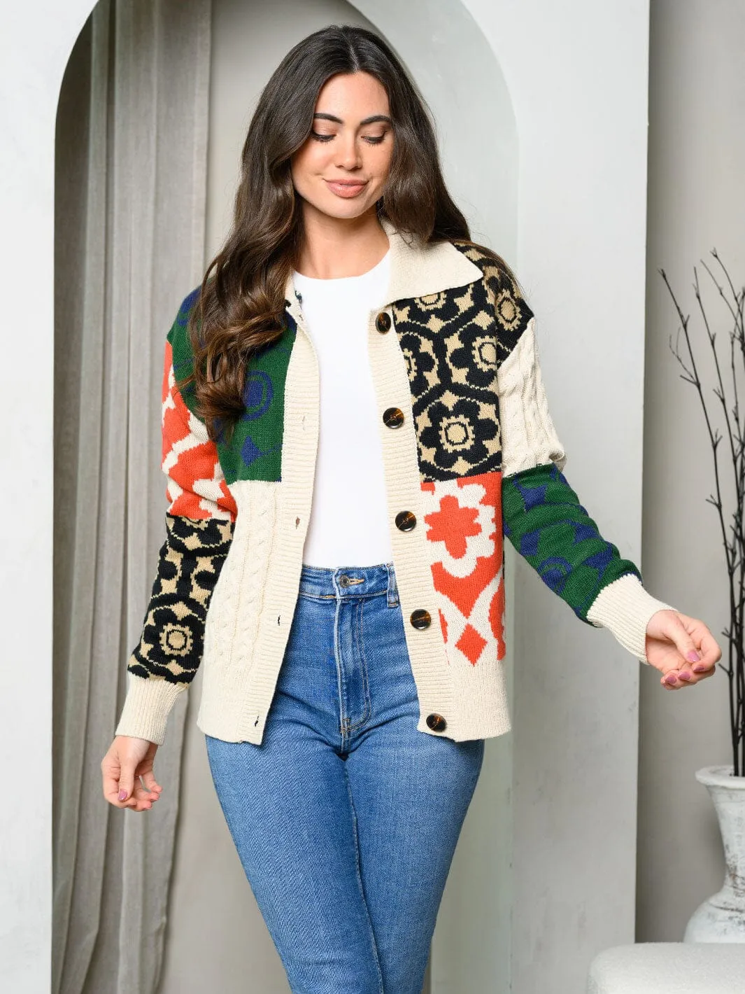WOMEN'S LONG SLEEVE BUTTON UP COLORBLOCK SWEATER