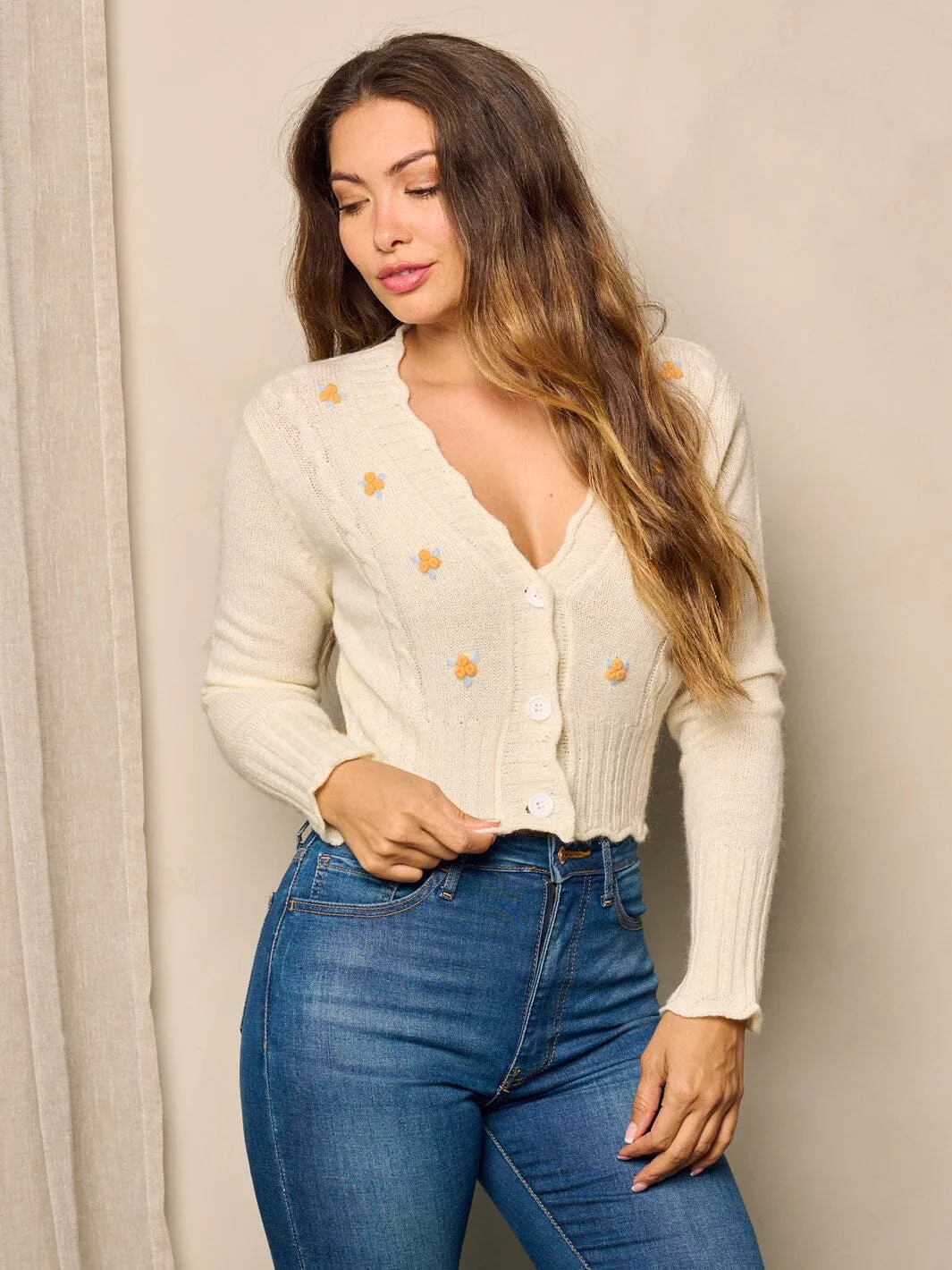 WOMEN'S LONG SLEEVE BUTTON UP FLORAL EMBROIDERY SWEATER