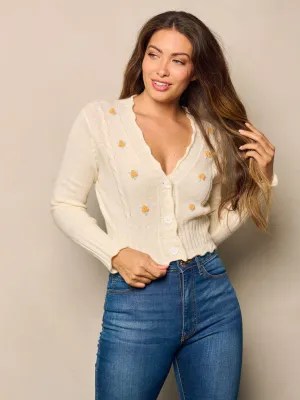 WOMEN'S LONG SLEEVE BUTTON UP FLORAL EMBROIDERY SWEATER