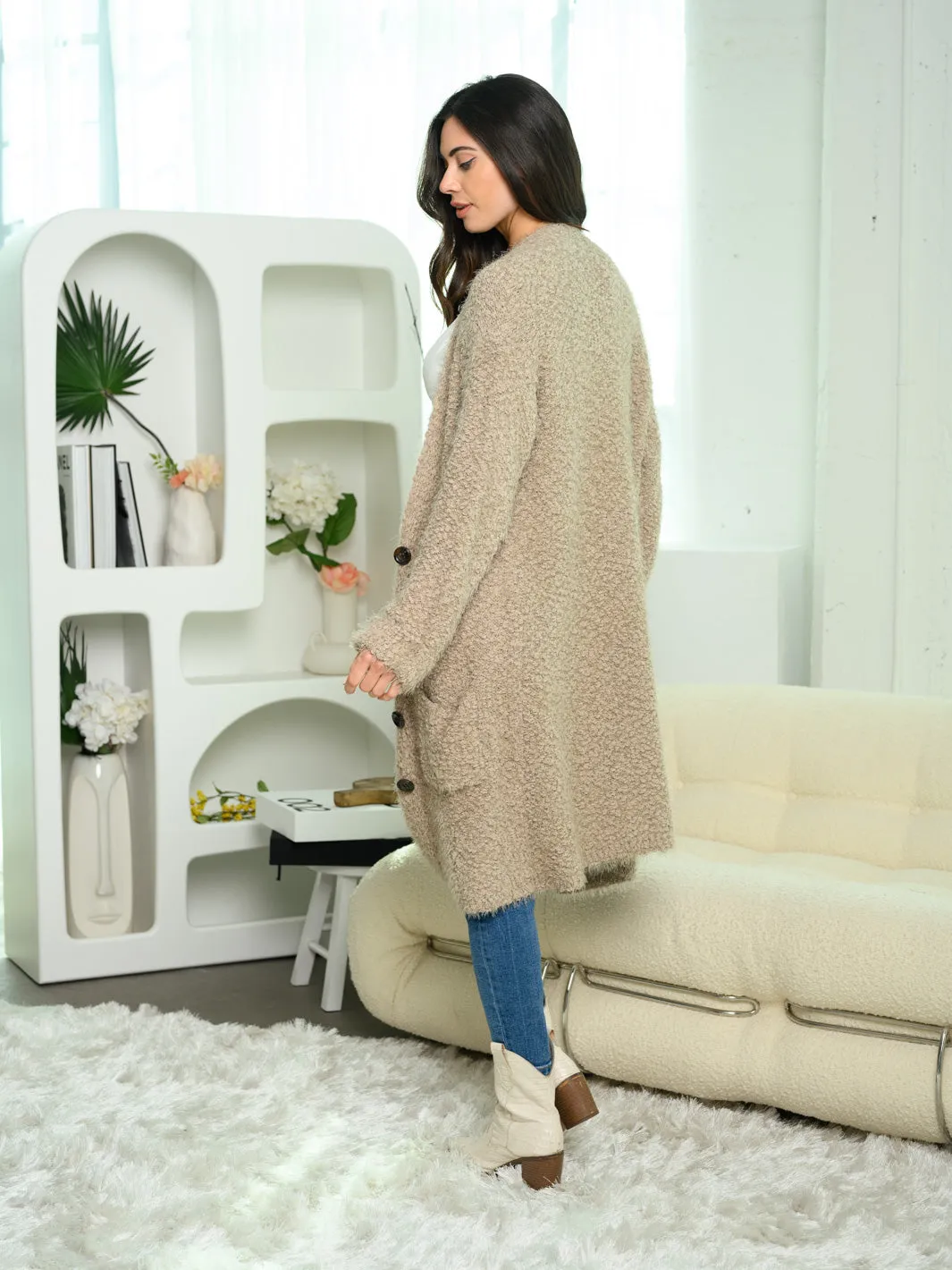 WOMEN'S LONG SLEEVE BUTTON UP FUZZY POPCORN YARN CARDIGAN