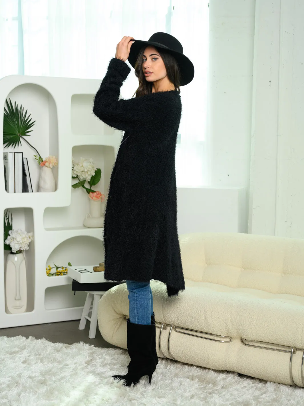 WOMEN'S LONG SLEEVE BUTTON UP FUZZY POPCORN YARN CARDIGAN