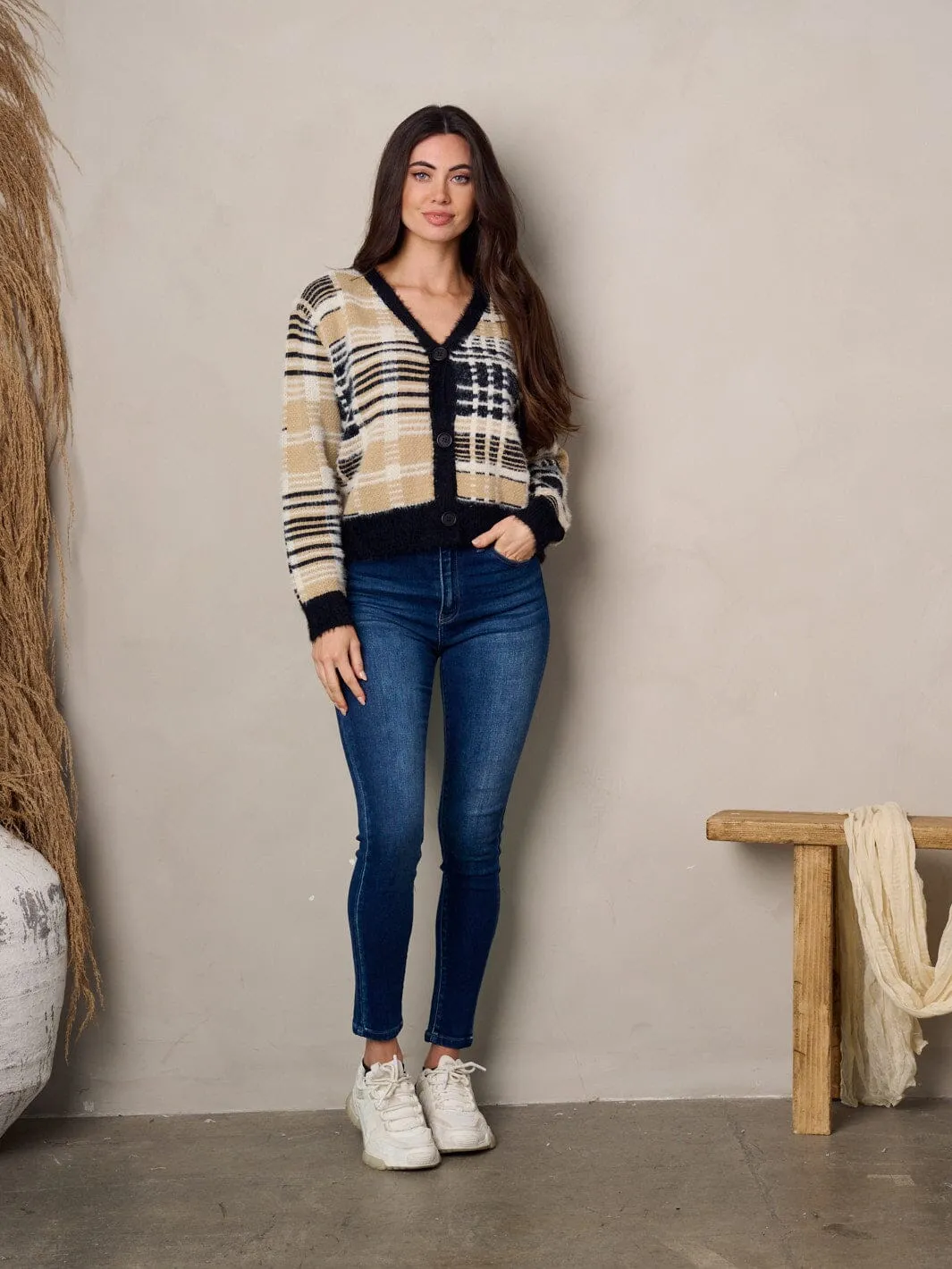WOMEN'S LONG SLEEVE BUTTON UP FUZZY SWEATER