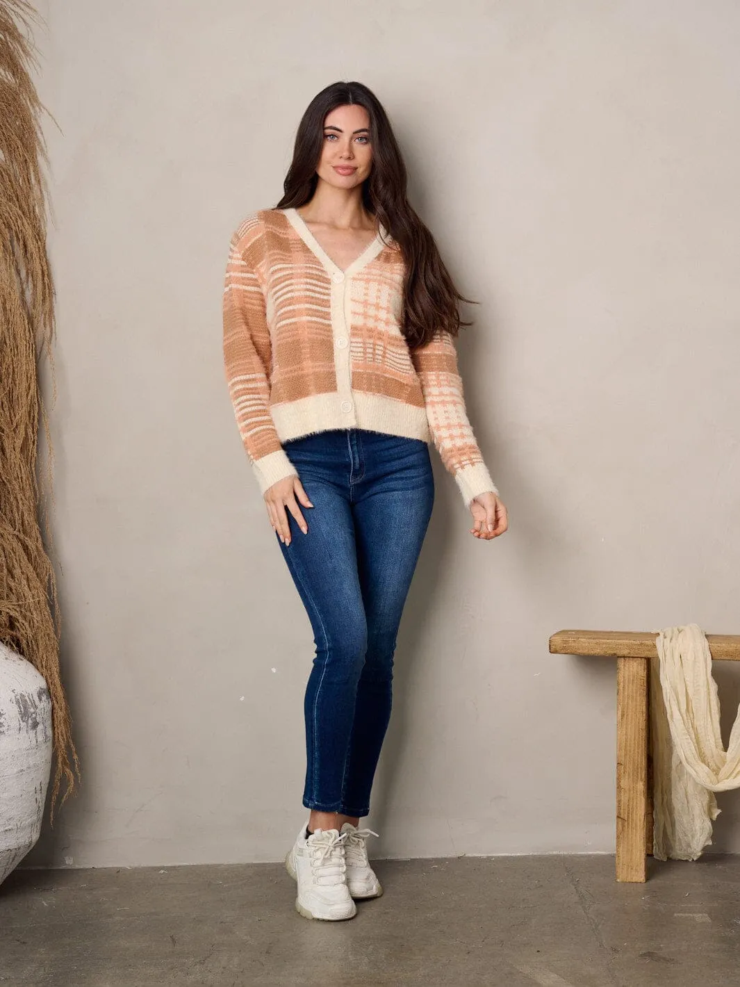 WOMEN'S LONG SLEEVE BUTTON UP FUZZY SWEATER