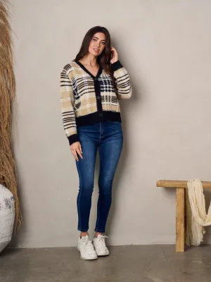 WOMEN'S LONG SLEEVE BUTTON UP FUZZY SWEATER