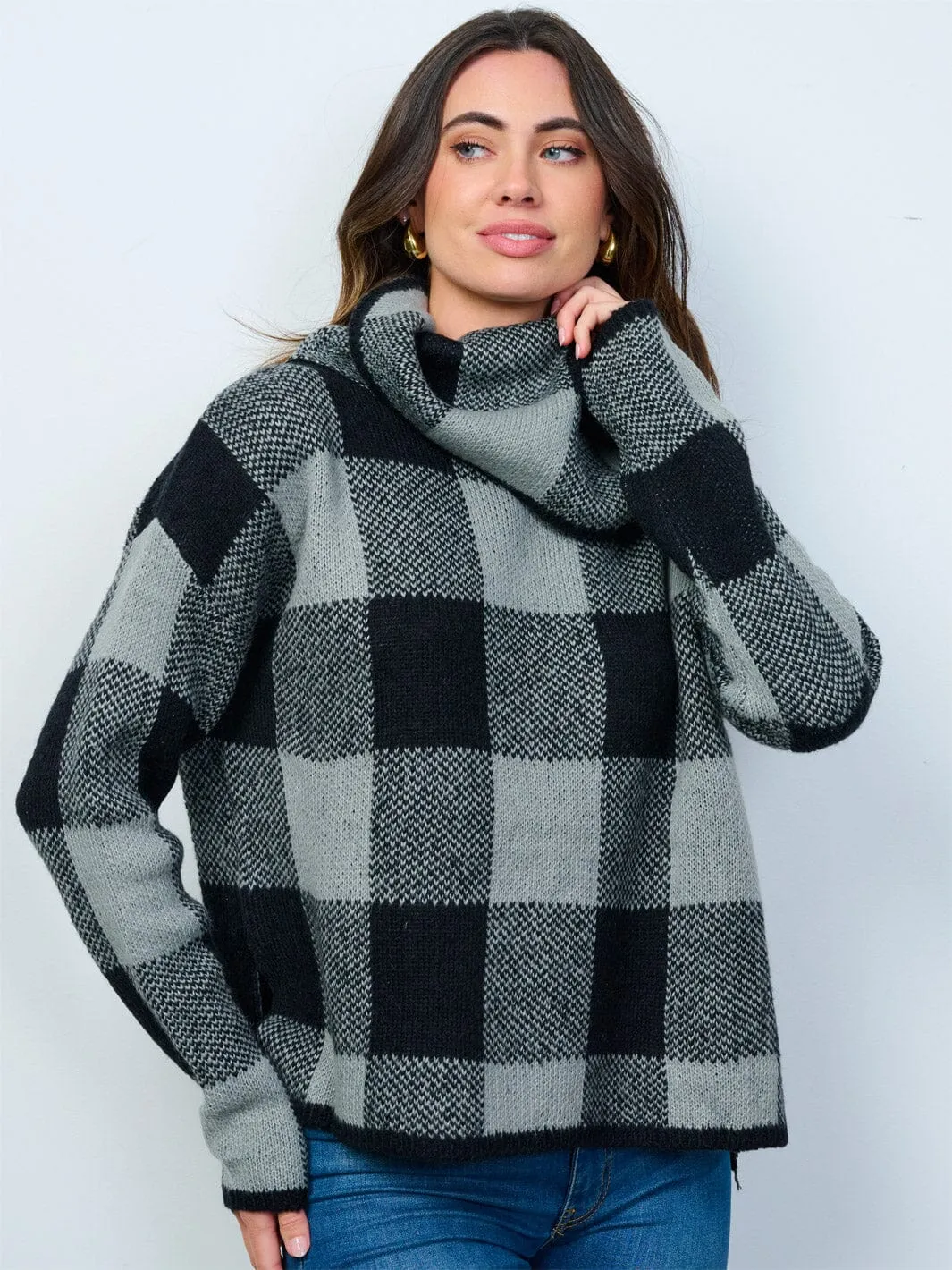 WOMEN'S LONG SLEEVE COLORBLOCK CHECKERS TURTLE NECK PULLOVER SWEATER