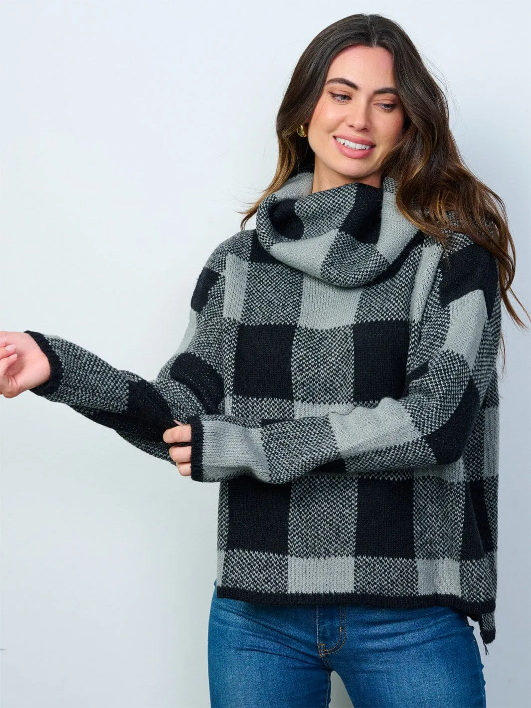 WOMEN'S LONG SLEEVE COLORBLOCK CHECKERS TURTLE NECK PULLOVER SWEATER
