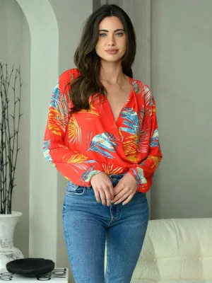 WOMEN'S LONG SLEEVE LEAF MULTI PRINT SURPLICE BODYSUIT