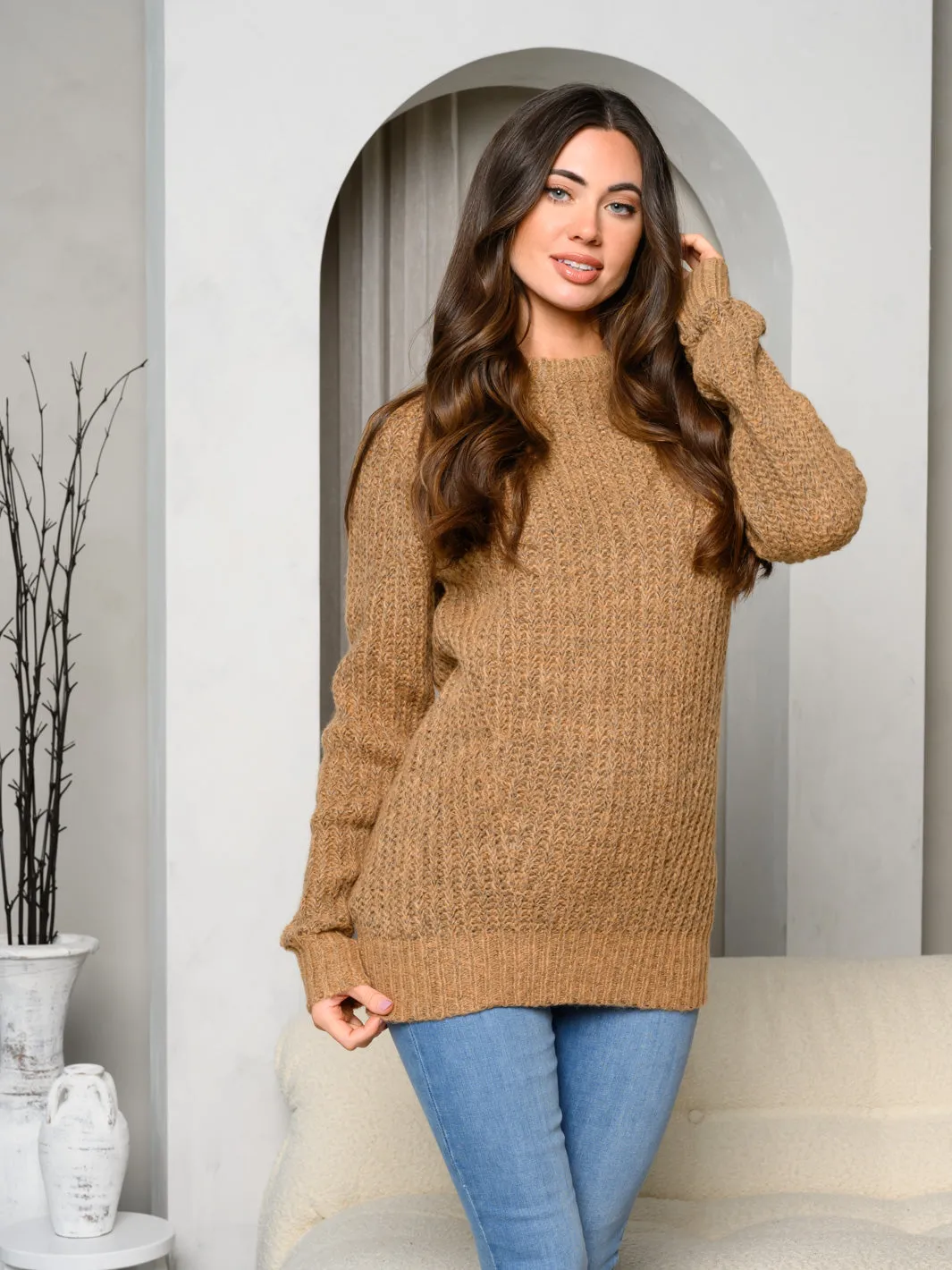 WOMEN'S LONG SLEEVE ROUND NECK RIBBED SOLID SWEATER
