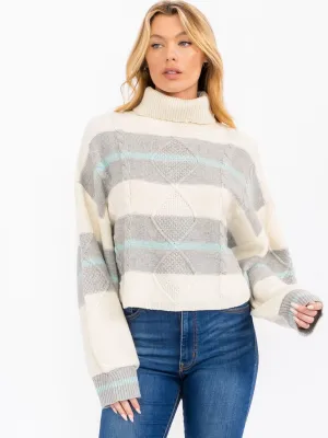 WOMEN'S LONG SLEEVE TURTLE NECK COLORBLOCK KNIT PULLOVER SWEATER