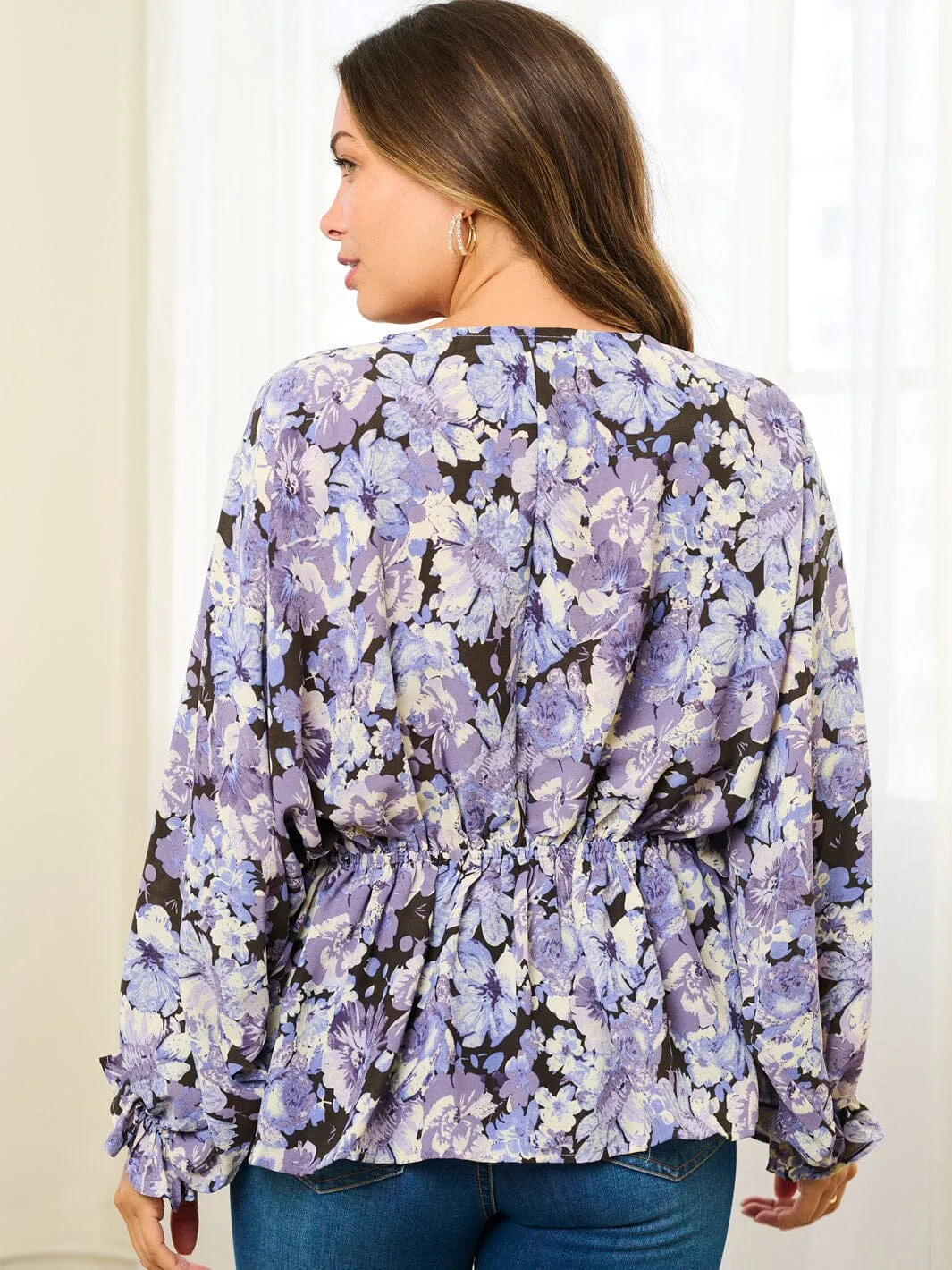 WOMEN'S LONG SLEEVE V-NECK ADJUSTABLE WAIST FLORAL BLOUSE TOP