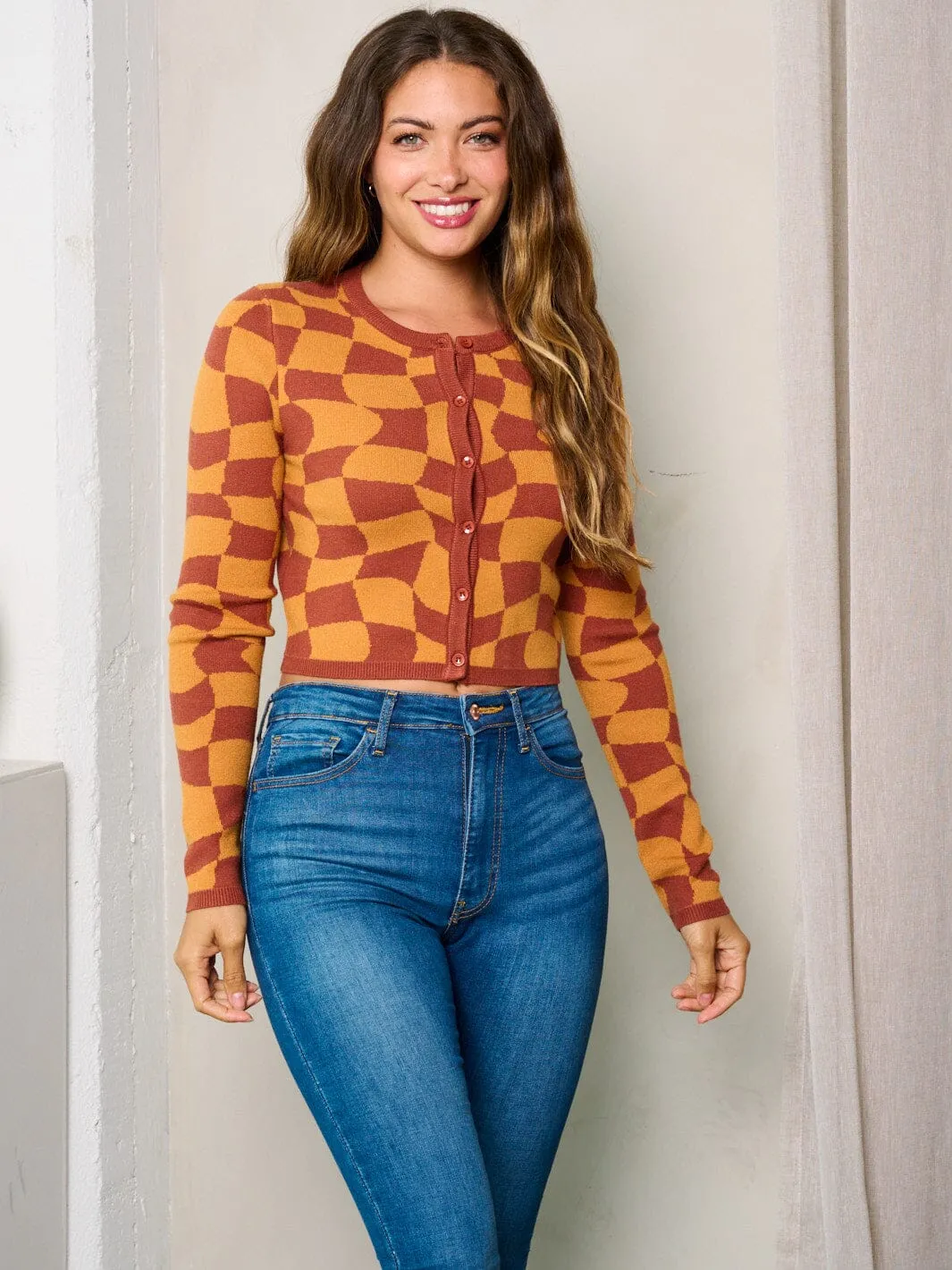 WOMEN'S LONG SLEEVES BUTTON UP PRINTED SWEATER