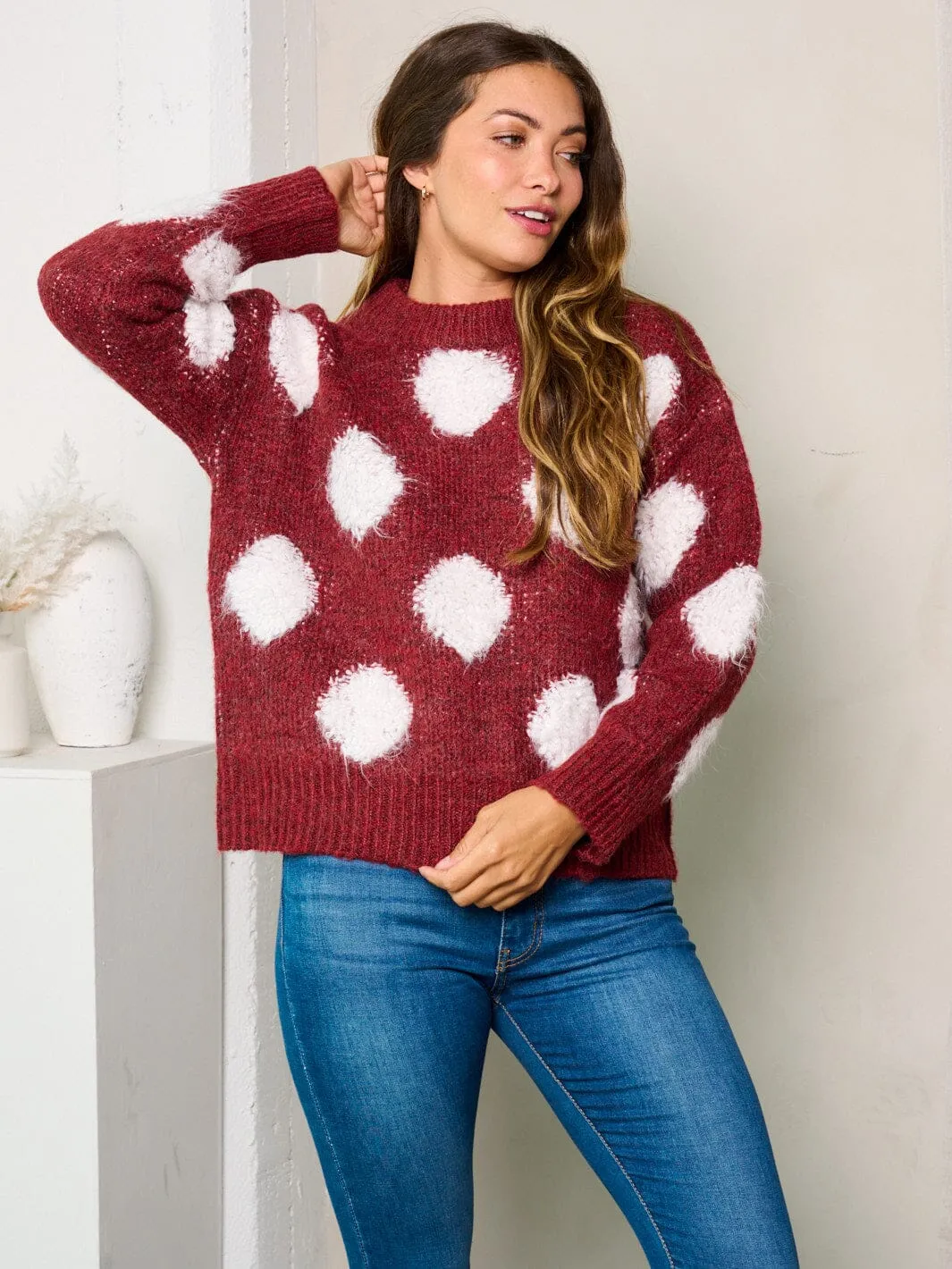 WOMEN'S LONG SLEEVES COLORBLOCK DOTS SWEATER