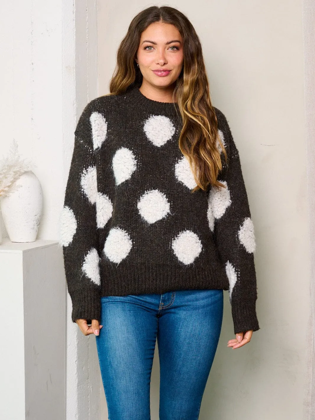 WOMEN'S LONG SLEEVES COLORBLOCK DOTS SWEATER