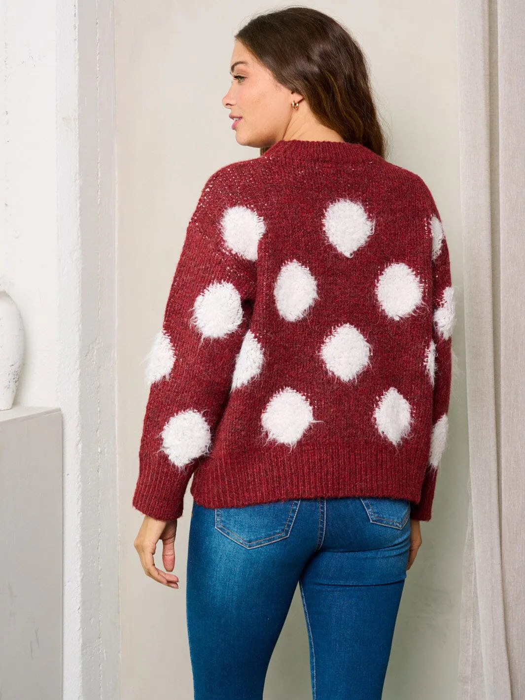 WOMEN'S LONG SLEEVES COLORBLOCK DOTS SWEATER