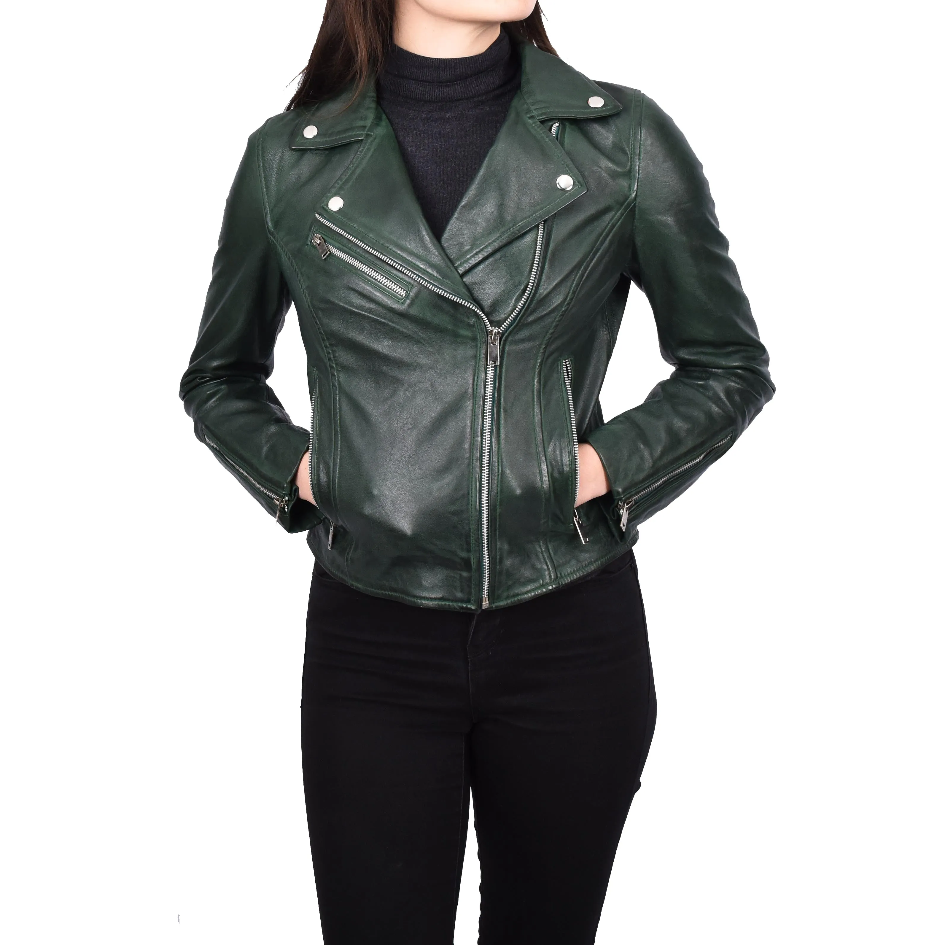 Women’s Real Leather Classic Brando Jacket Fitted Style Sanae Green