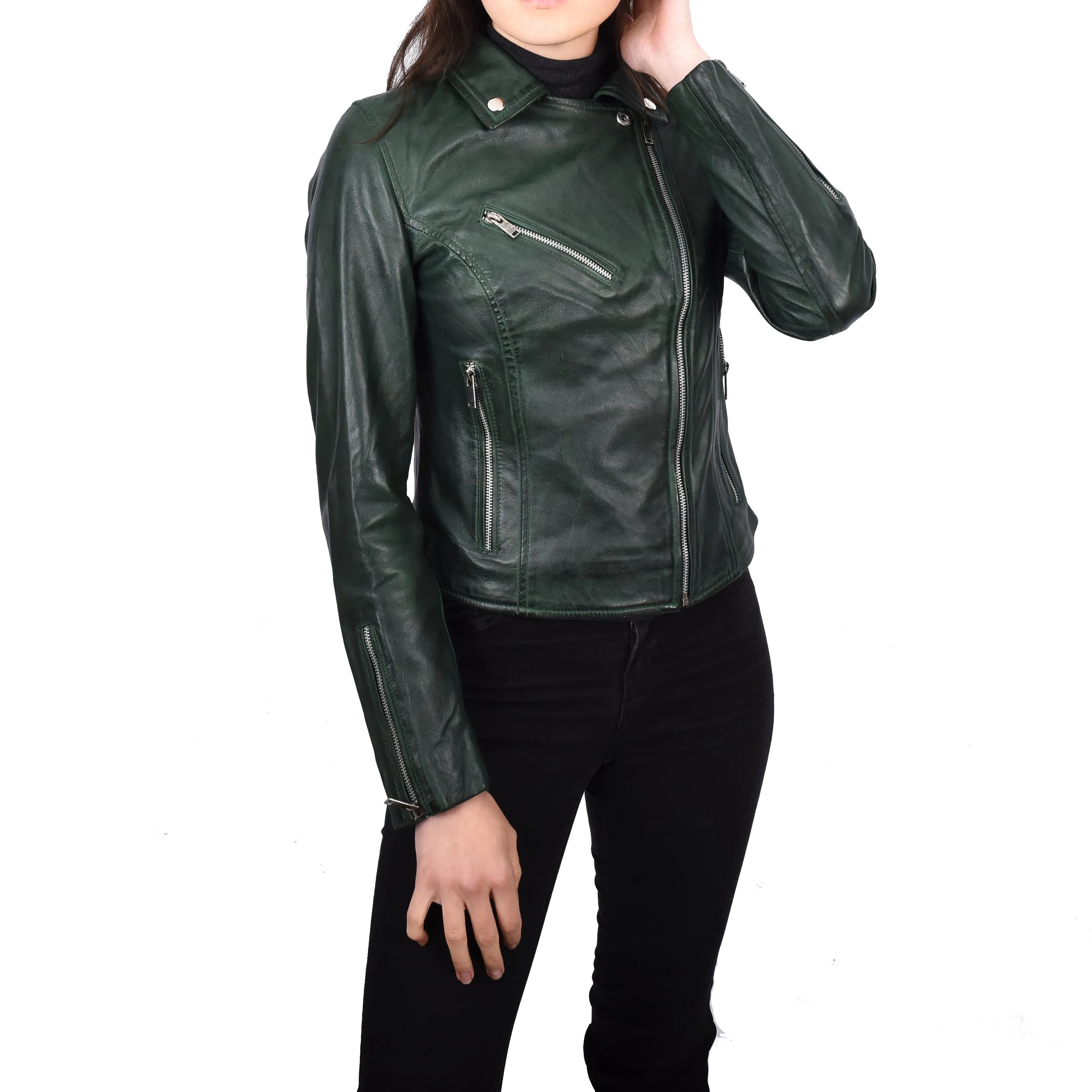 Women’s Real Leather Classic Brando Jacket Fitted Style Sanae Green