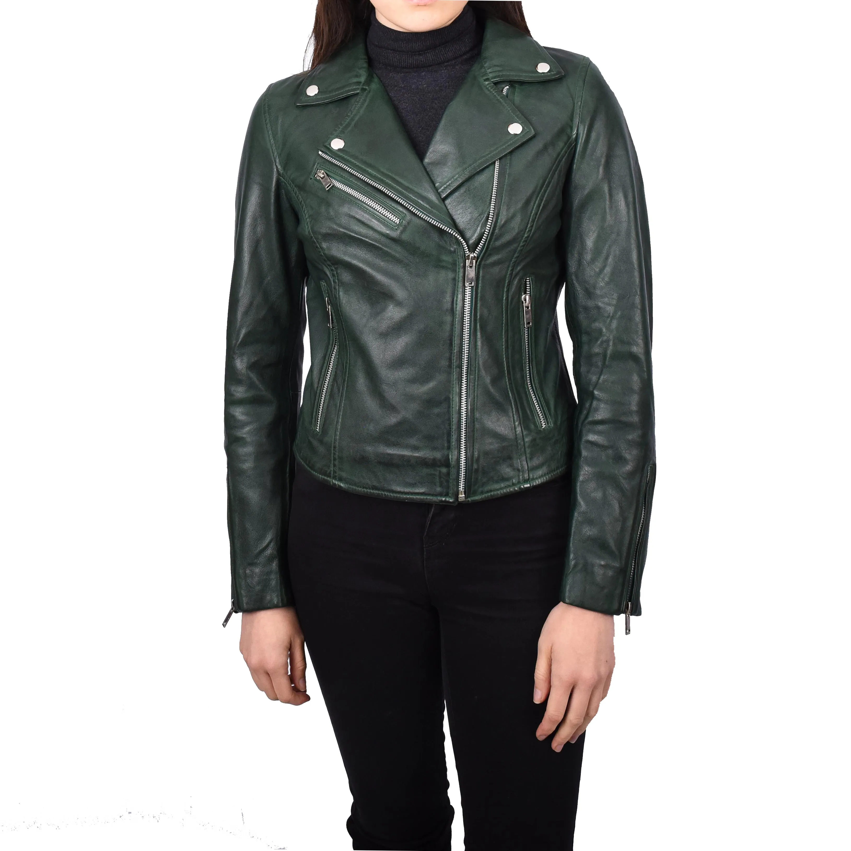 Women’s Real Leather Classic Brando Jacket Fitted Style Sanae Green