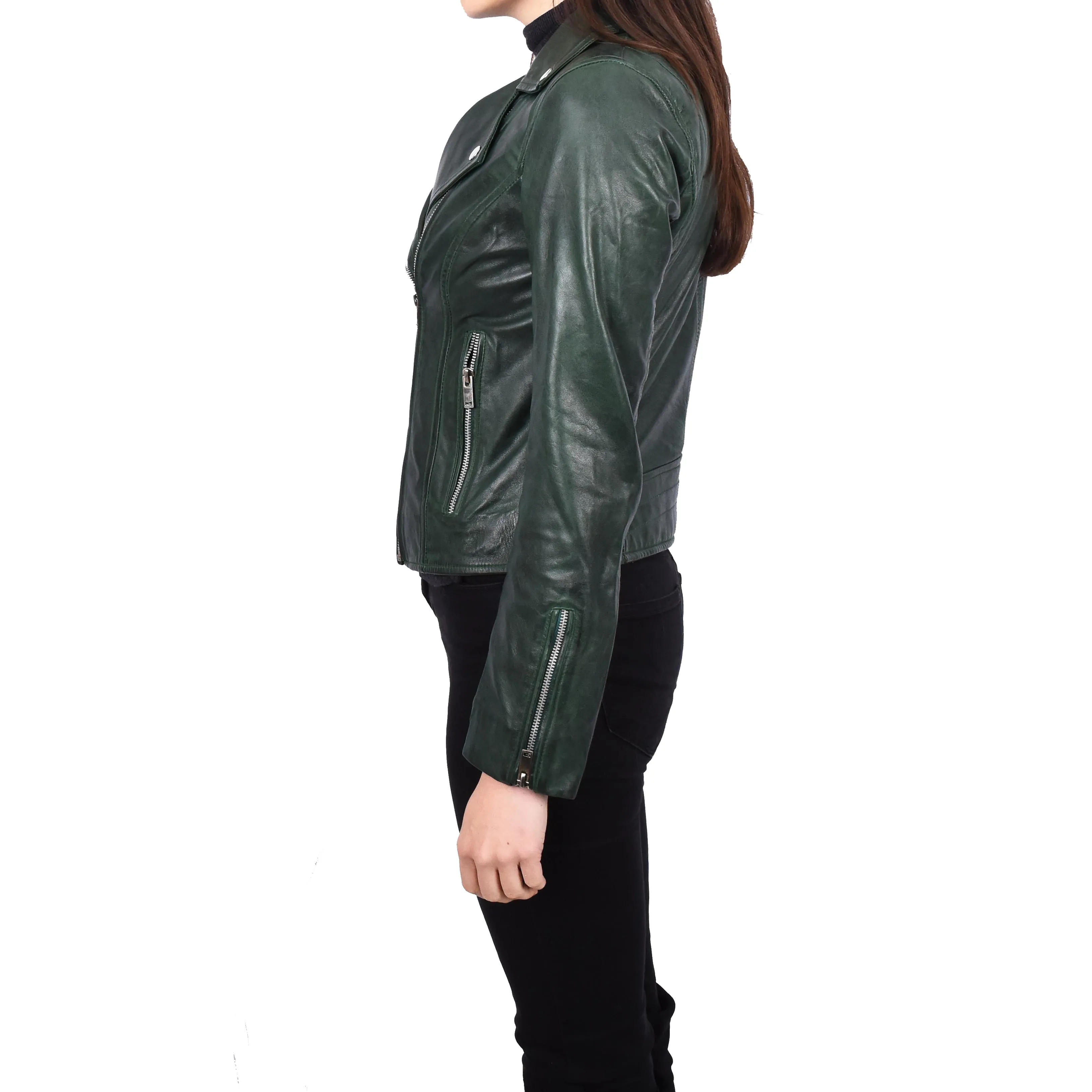 Women’s Real Leather Classic Brando Jacket Fitted Style Sanae Green