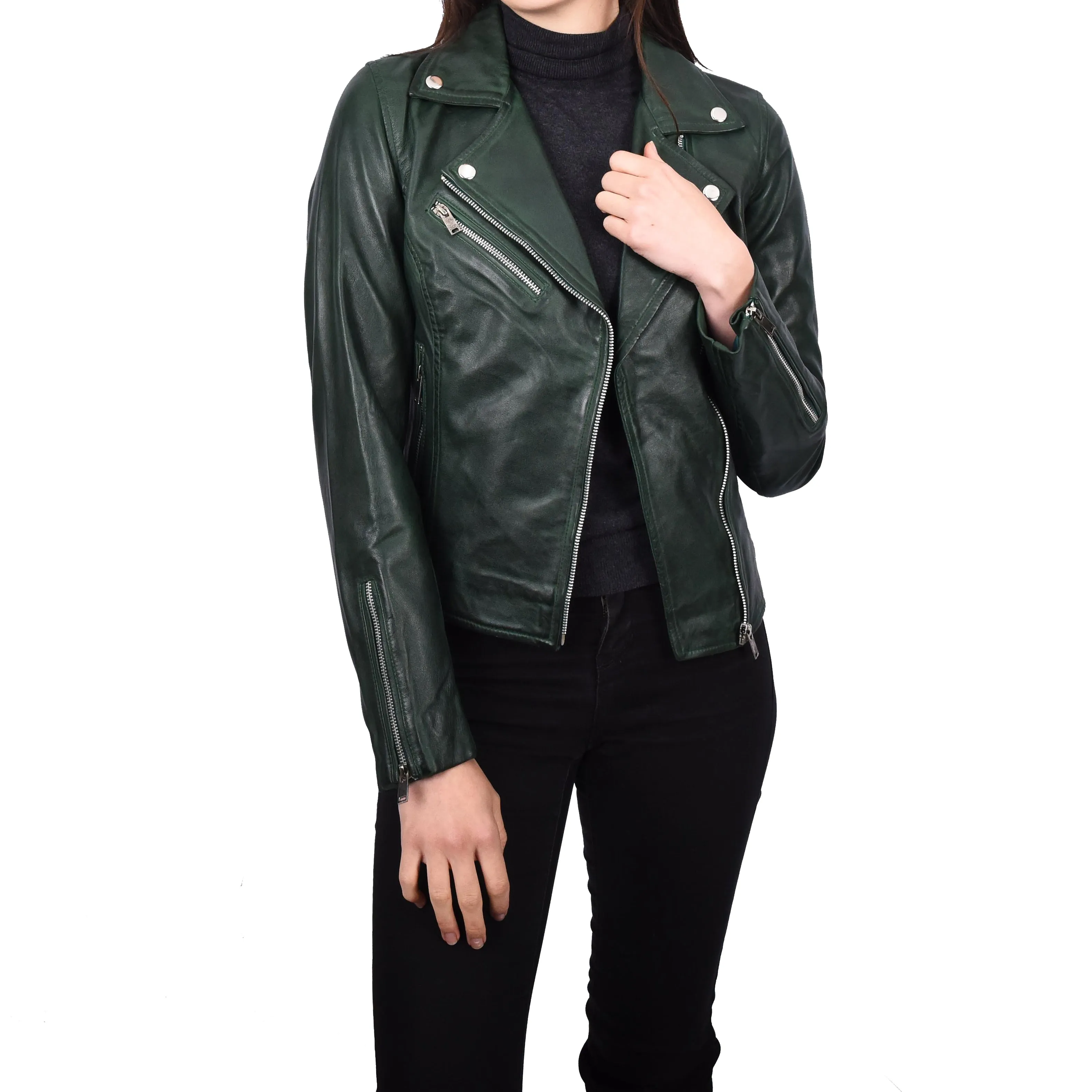 Women’s Real Leather Classic Brando Jacket Fitted Style Sanae Green