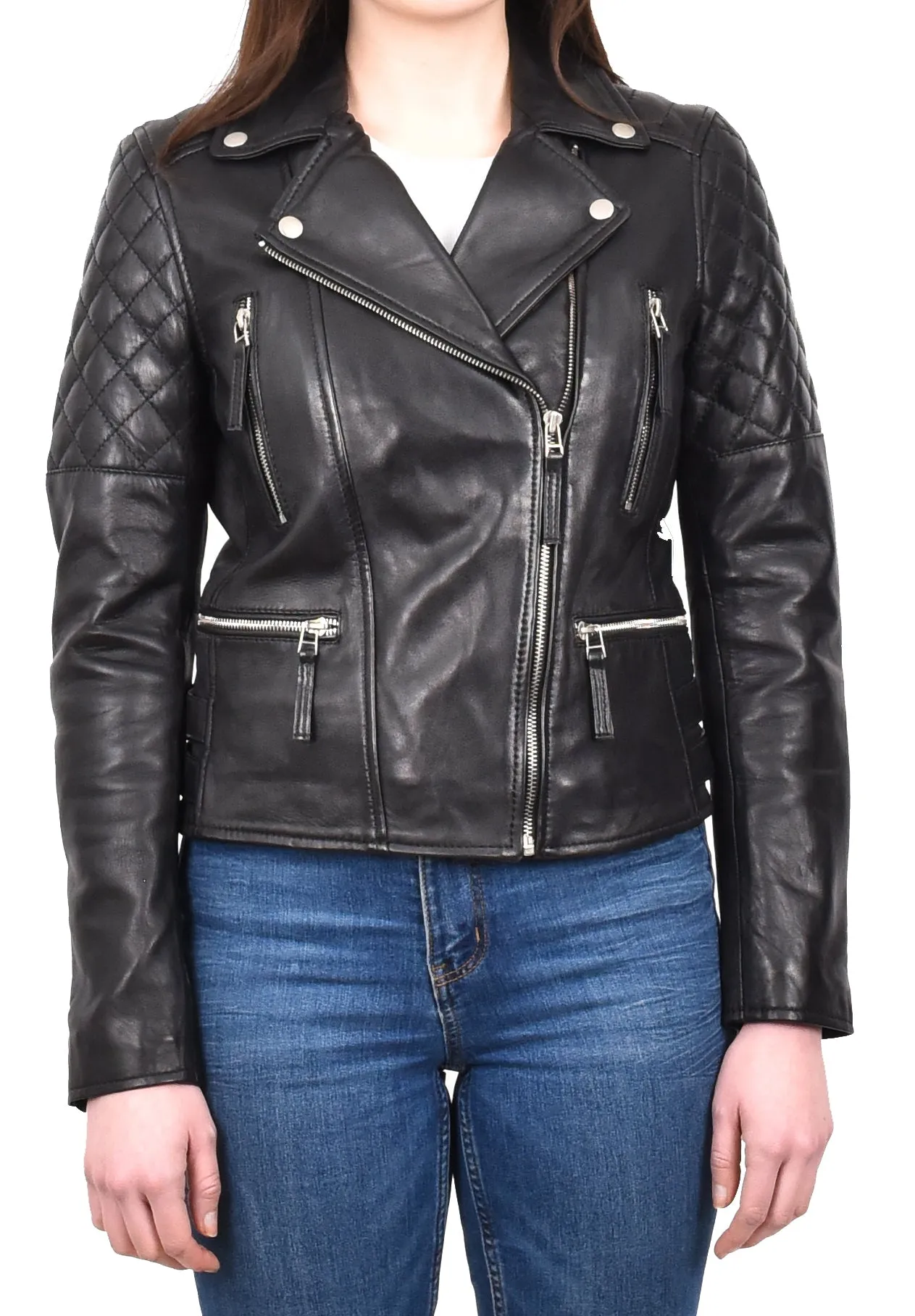 Women's Real Leather Cross Zip Biker Style Jacket Black Vintara