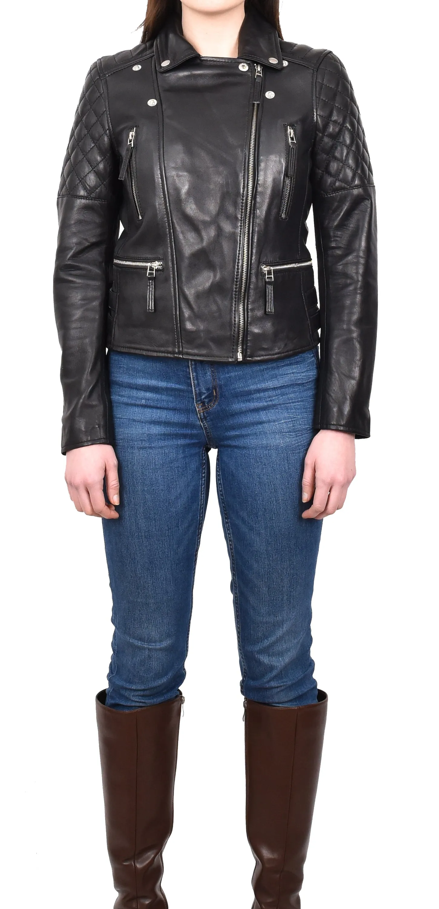 Women's Real Leather Cross Zip Biker Style Jacket Black Vintara