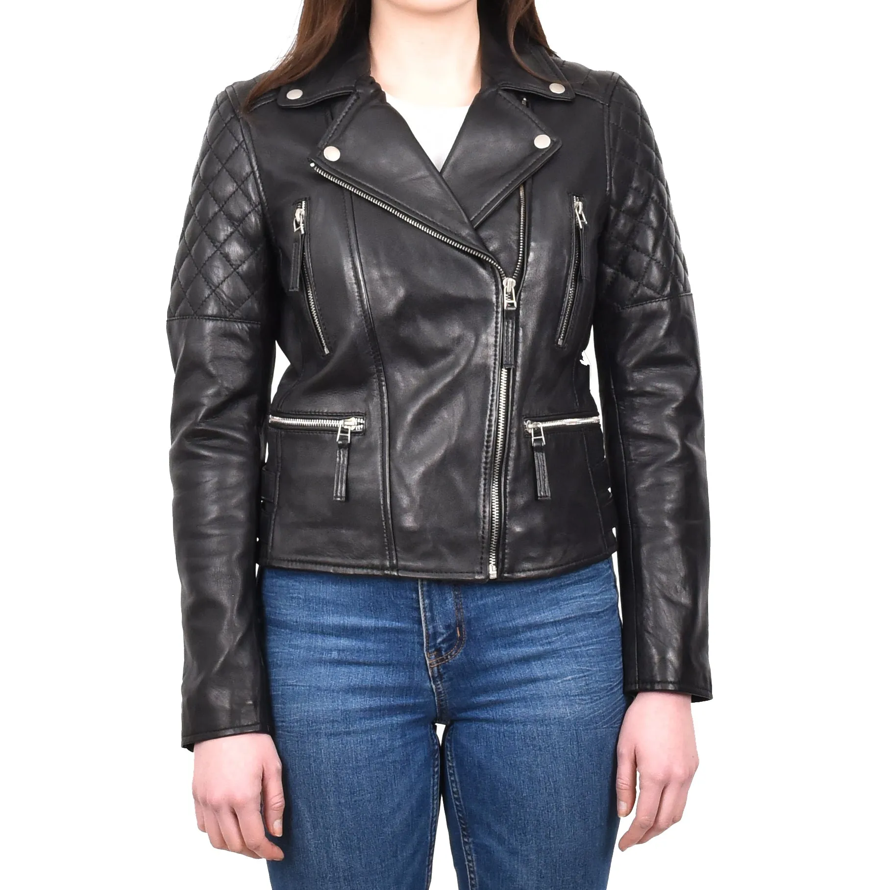 Women's Real Leather Cross Zip Biker Style Jacket Black Vintara