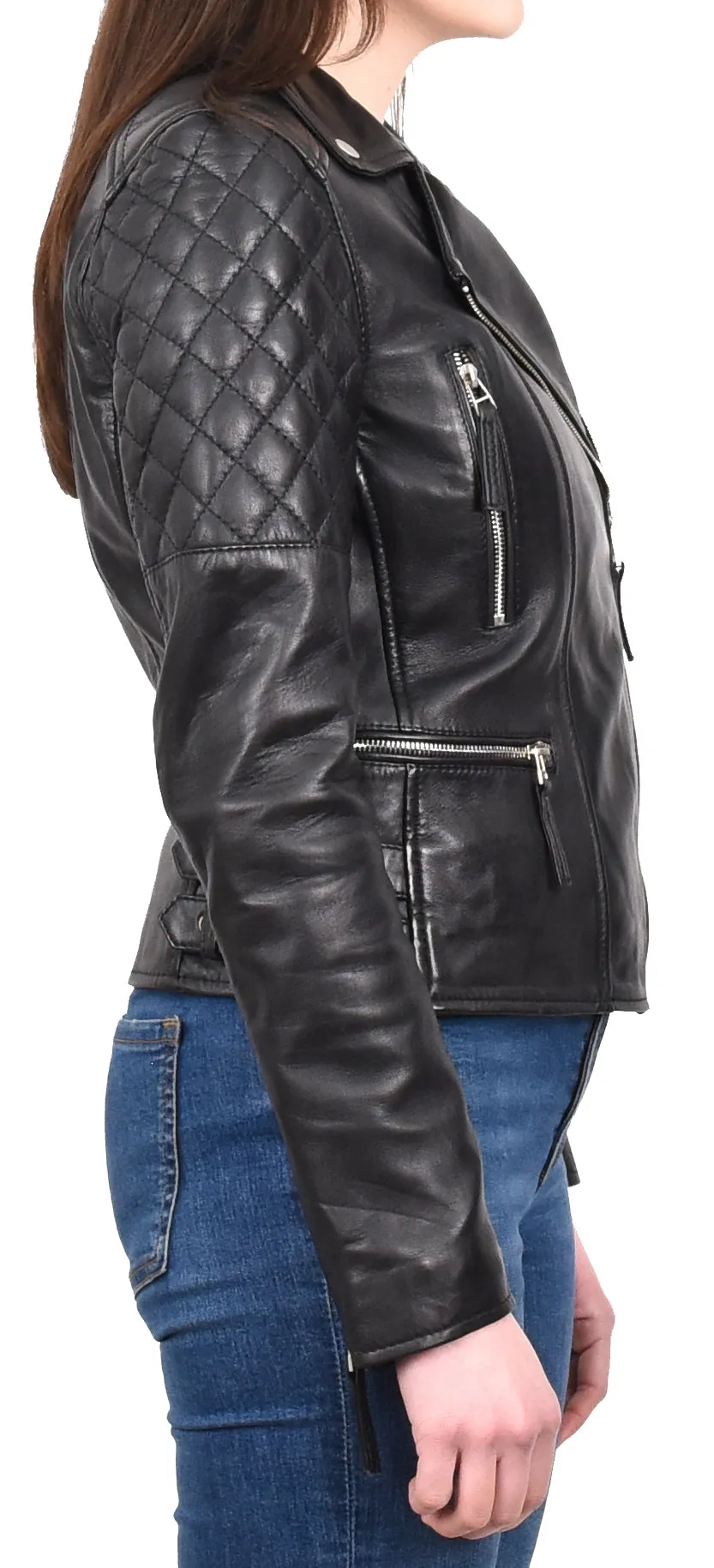 Women's Real Leather Cross Zip Biker Style Jacket Black Vintara
