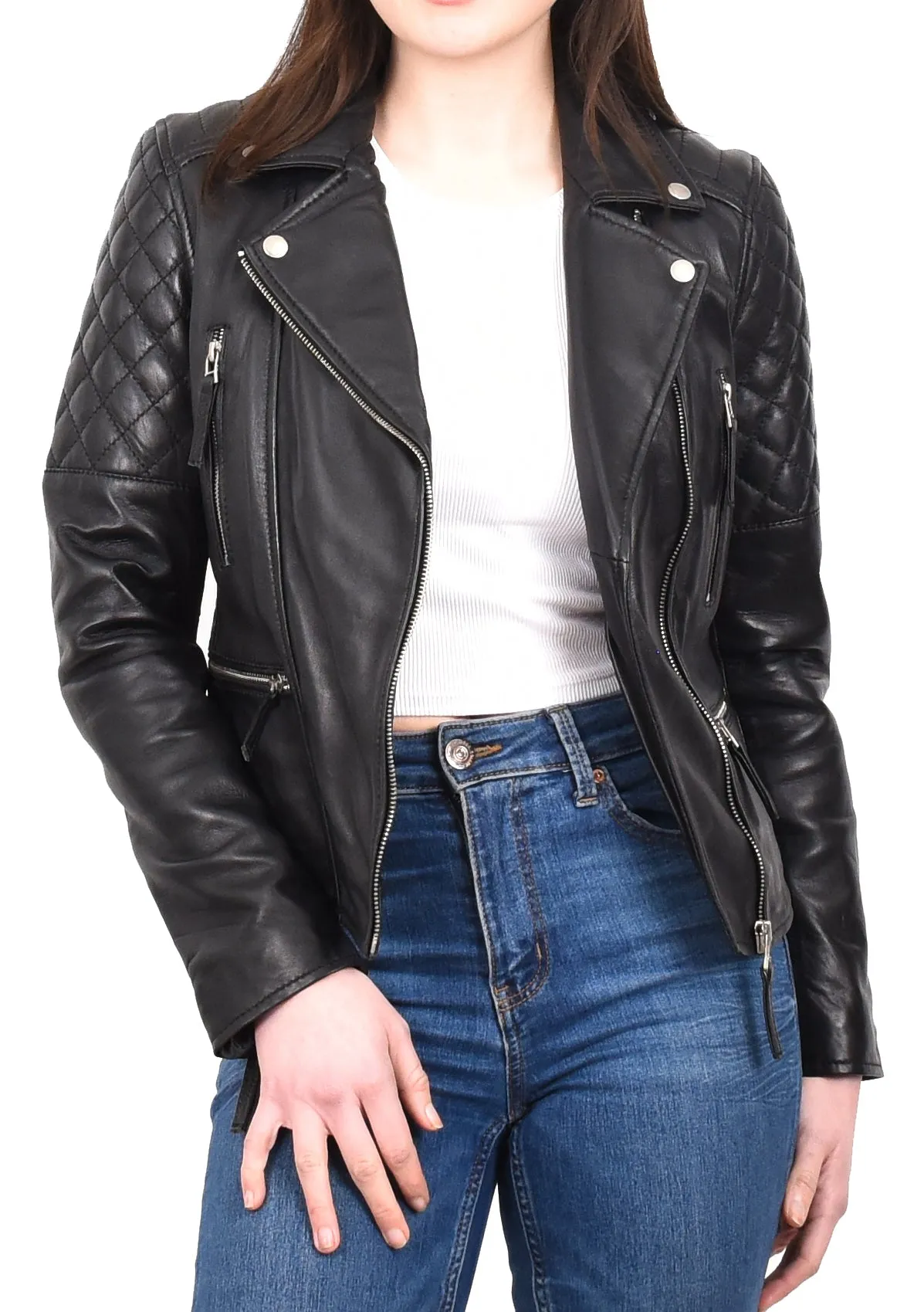 Women's Real Leather Cross Zip Biker Style Jacket Black Vintara