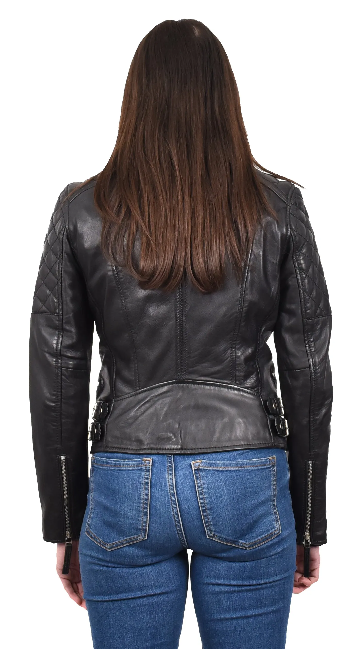 Women's Real Leather Cross Zip Biker Style Jacket Black Vintara