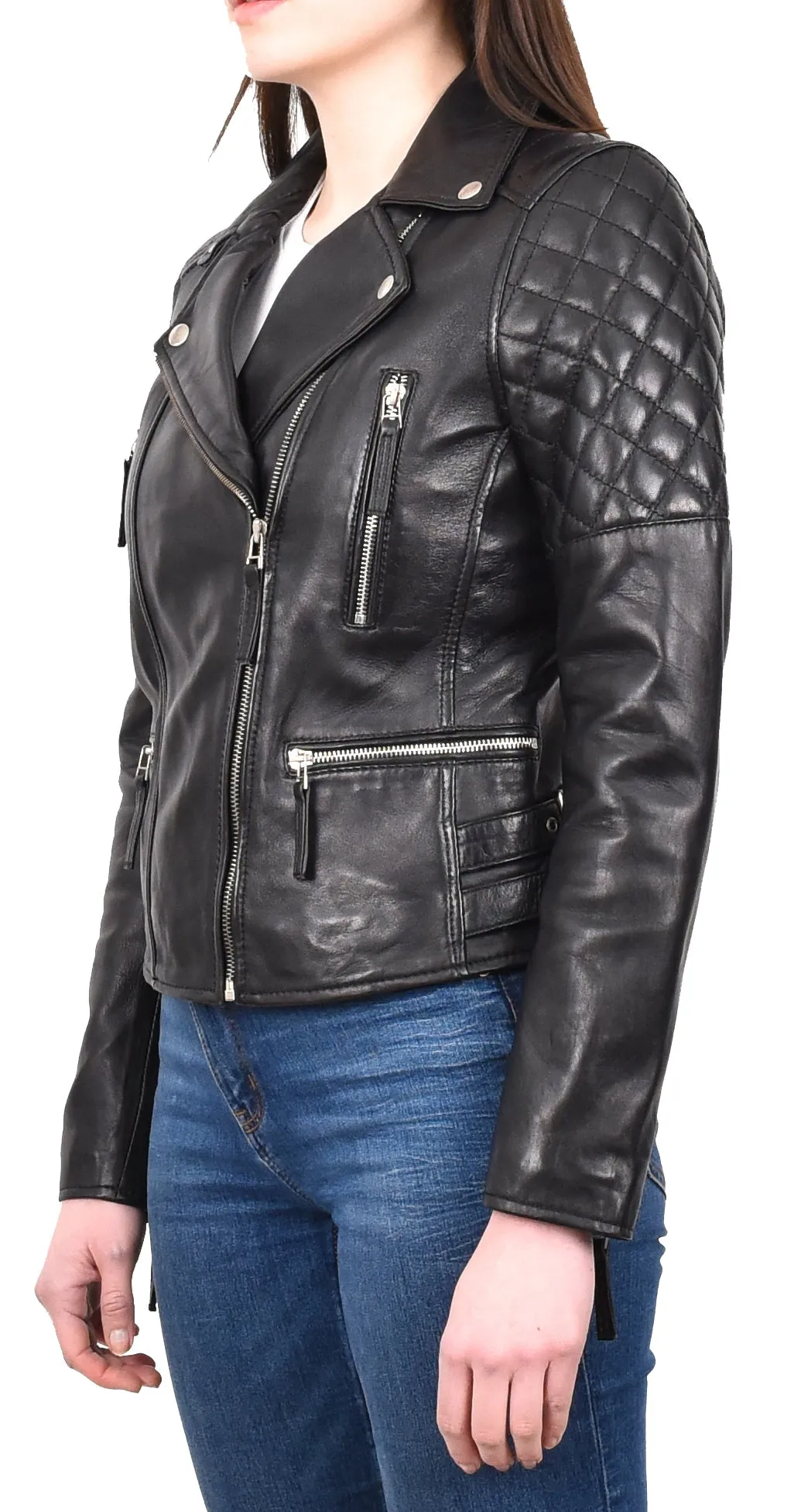 Women's Real Leather Cross Zip Biker Style Jacket Black Vintara